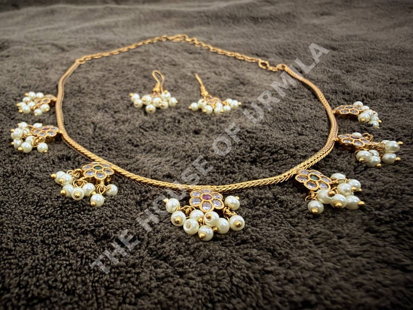 Kundan Pearl Cluster Necklace Set