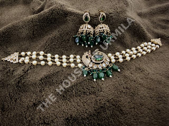 Traditional Peacock AD Pearl Choker Necklace Set