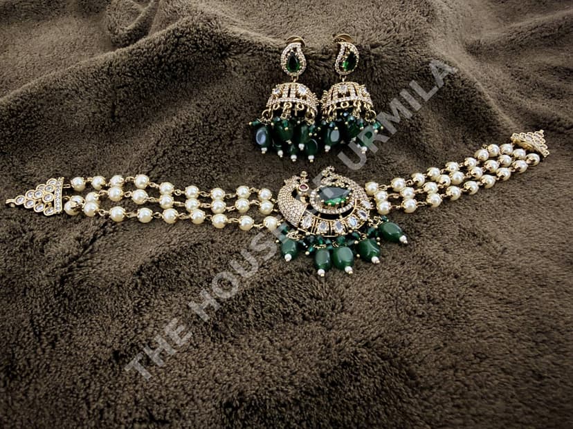 Traditional Peacock AD Pearl Choker Necklace Set