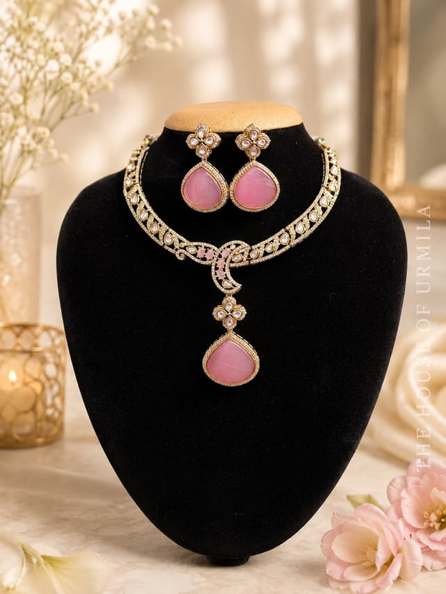 KAUMUDI — Rose Kundan Crescent Necklace Set
