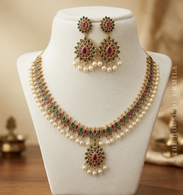 RAMYA — Ruby & Emerald Floral Necklace Set