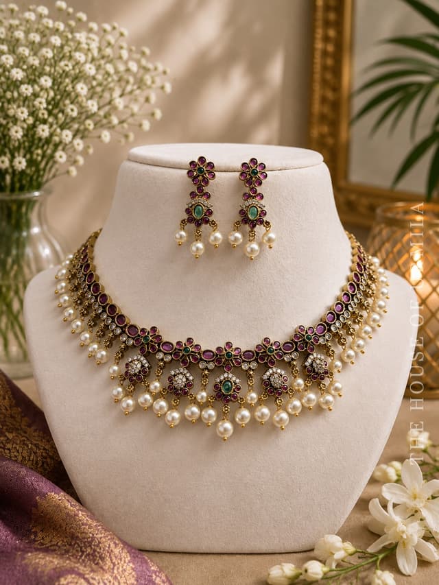 KAANTI - Scalloped Jadau Choker with Pearl Drops