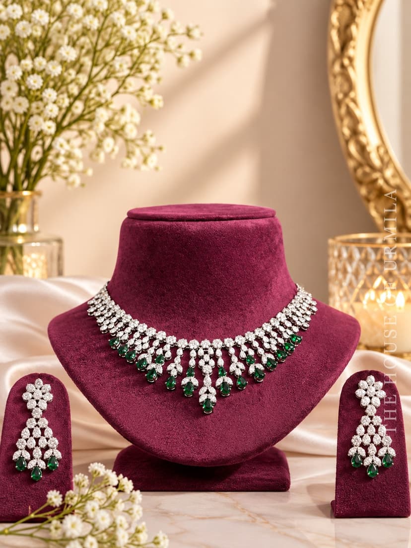 TEJASVI — CZ Statement Necklace with Emerald Drops
