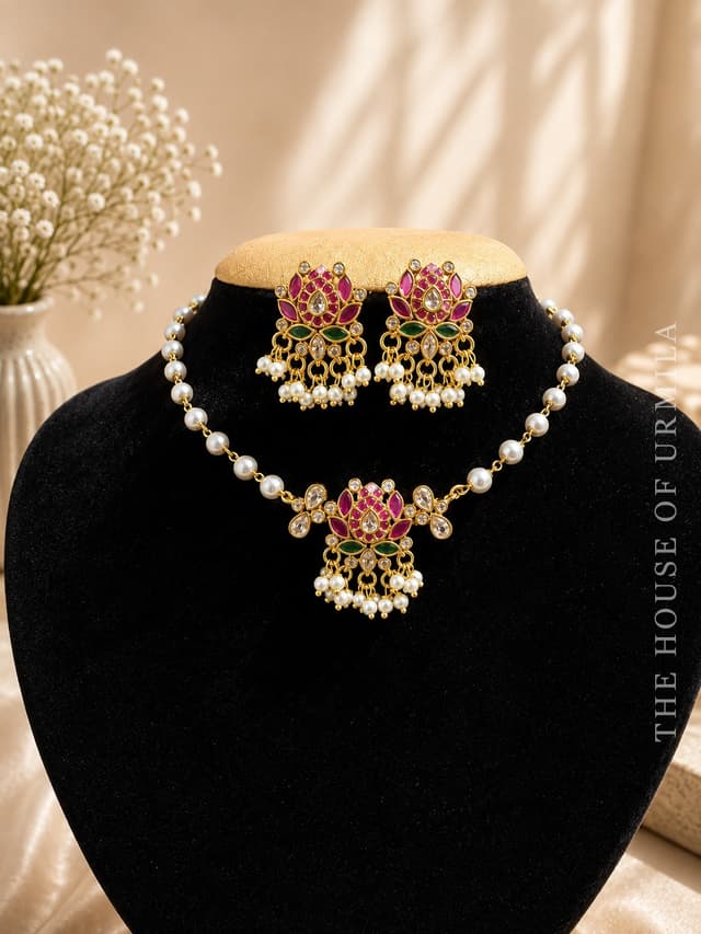 MRIDULA — Pearl Strand Floral Pendant Necklace Set