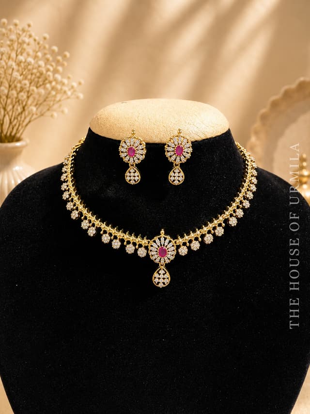 ARUNA — CZ Floral Choker with Ruby Accents