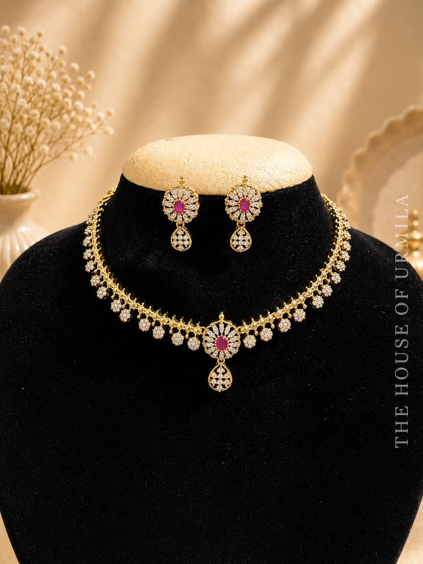 ARUNA — CZ Floral Choker with Ruby Accents