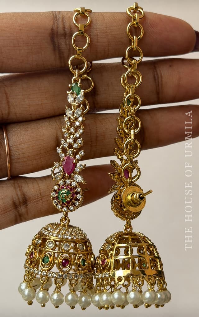 KARNIKA — Ruby Emerald Kaan Chain Jhumka Earrings