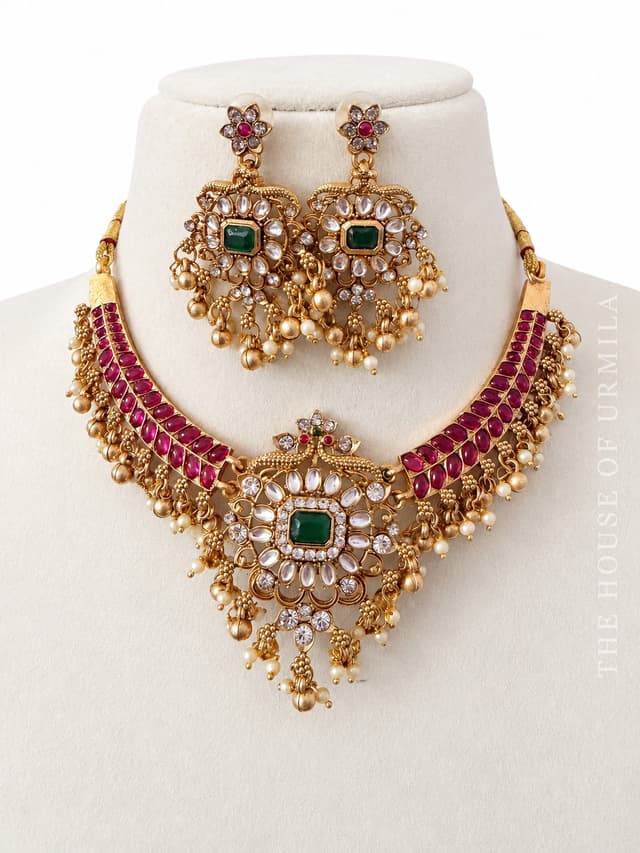 VAIDEHI — Antique Kundan Ruby Emerald Peacock Choker Set