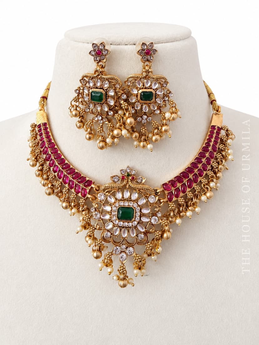 VAIDEHI — Antique Kundan Ruby Emerald Peacock Choker Set
