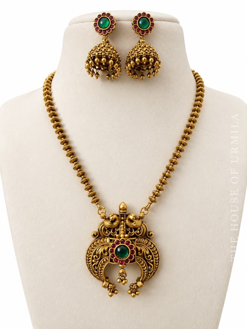 SHARANYA — Antique Gold Peacock Crescent Pendant Necklace Set