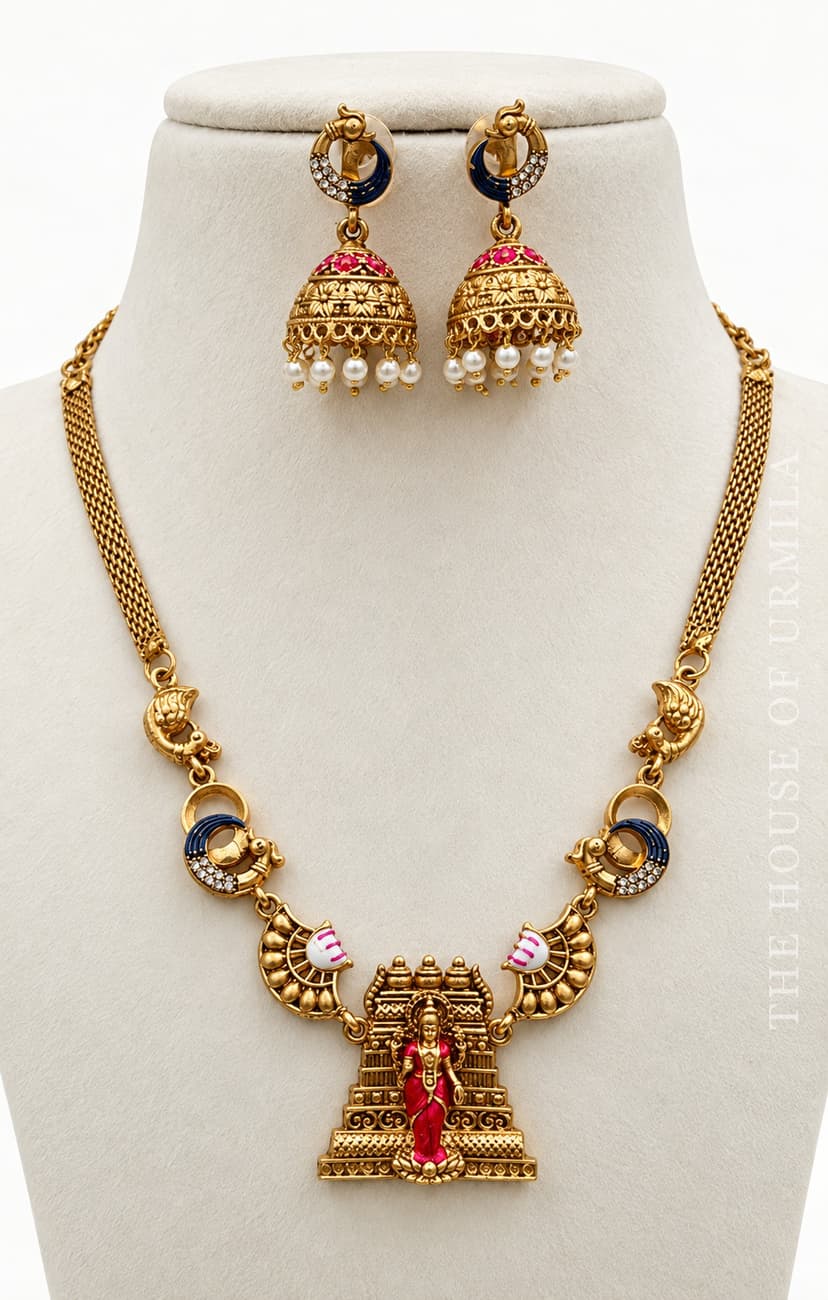 TANVI — Temple Jewellery Enamel Gopuram Deity Necklace Set
