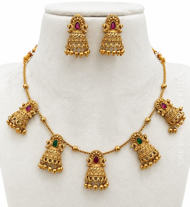TARINI — Antique Gold Jhumka Bell Drop Necklace Set