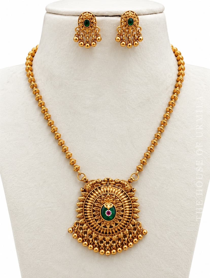 MANASI — Antique Gold Floral Medallion Pendant Necklace Set