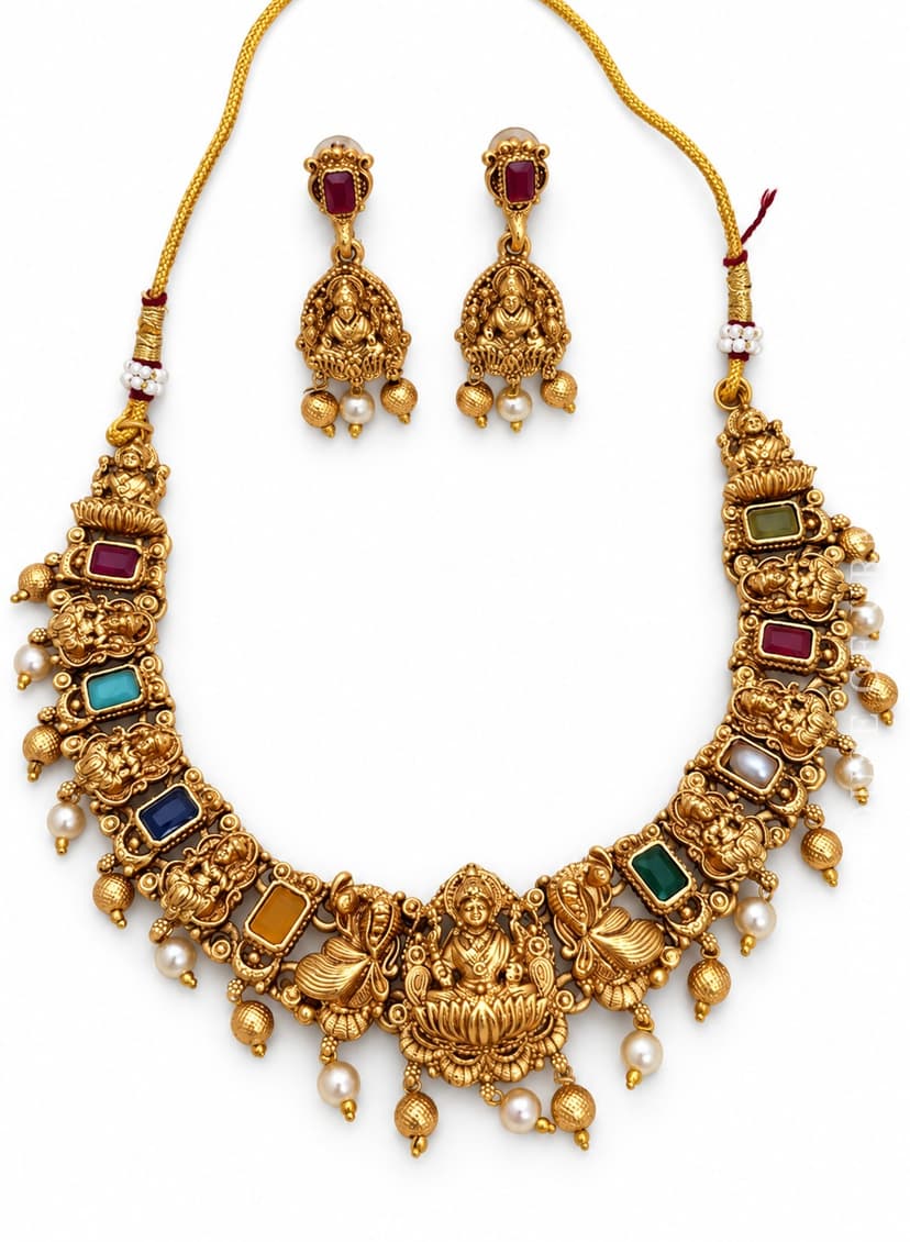 NAVYA — Temple Jewellery Navaratna Deity Pendant Necklace Set