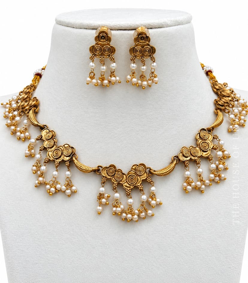 SHAILJA — Antique Gold Floral Pearl Tassel Necklace Set
