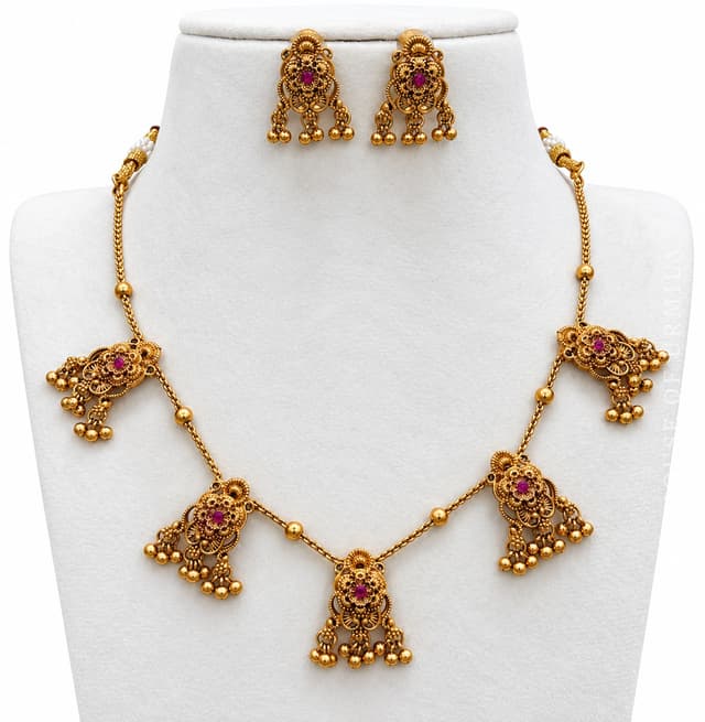 VISHAKHA — Antique Gold Filigree Floral Drop Necklace Set