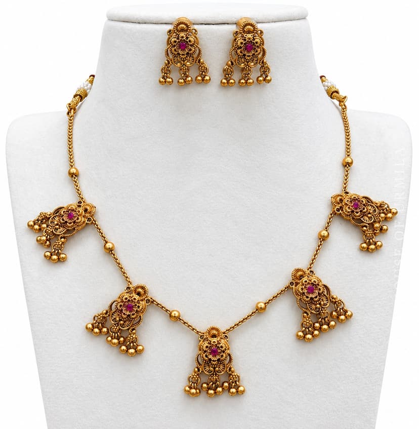 VISHAKHA — Antique Gold Filigree Floral Drop Necklace Set