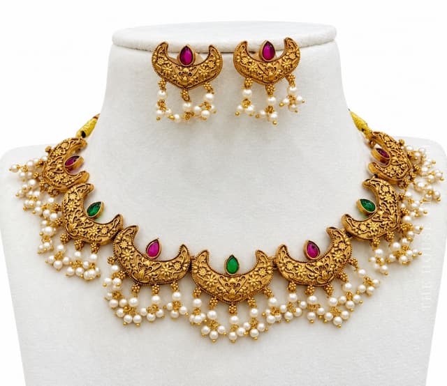 CHANDRIMA — Antique Gold Crescent Pearl Fringe Choker Set