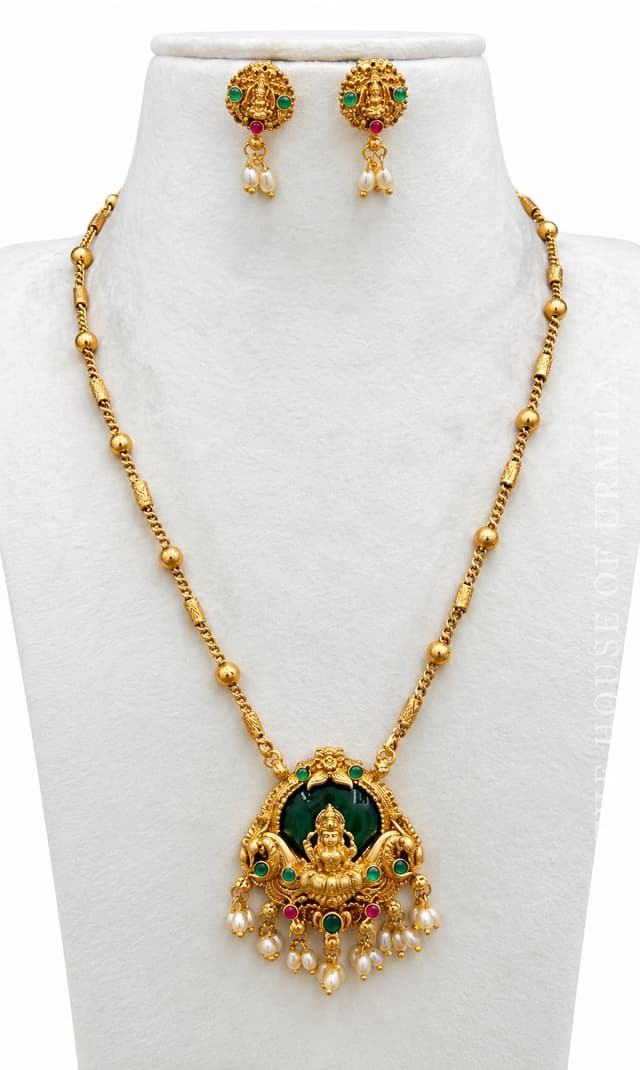BHAVANA — Temple Jewellery Green Enamel Lakshmi Pendant Necklace Set