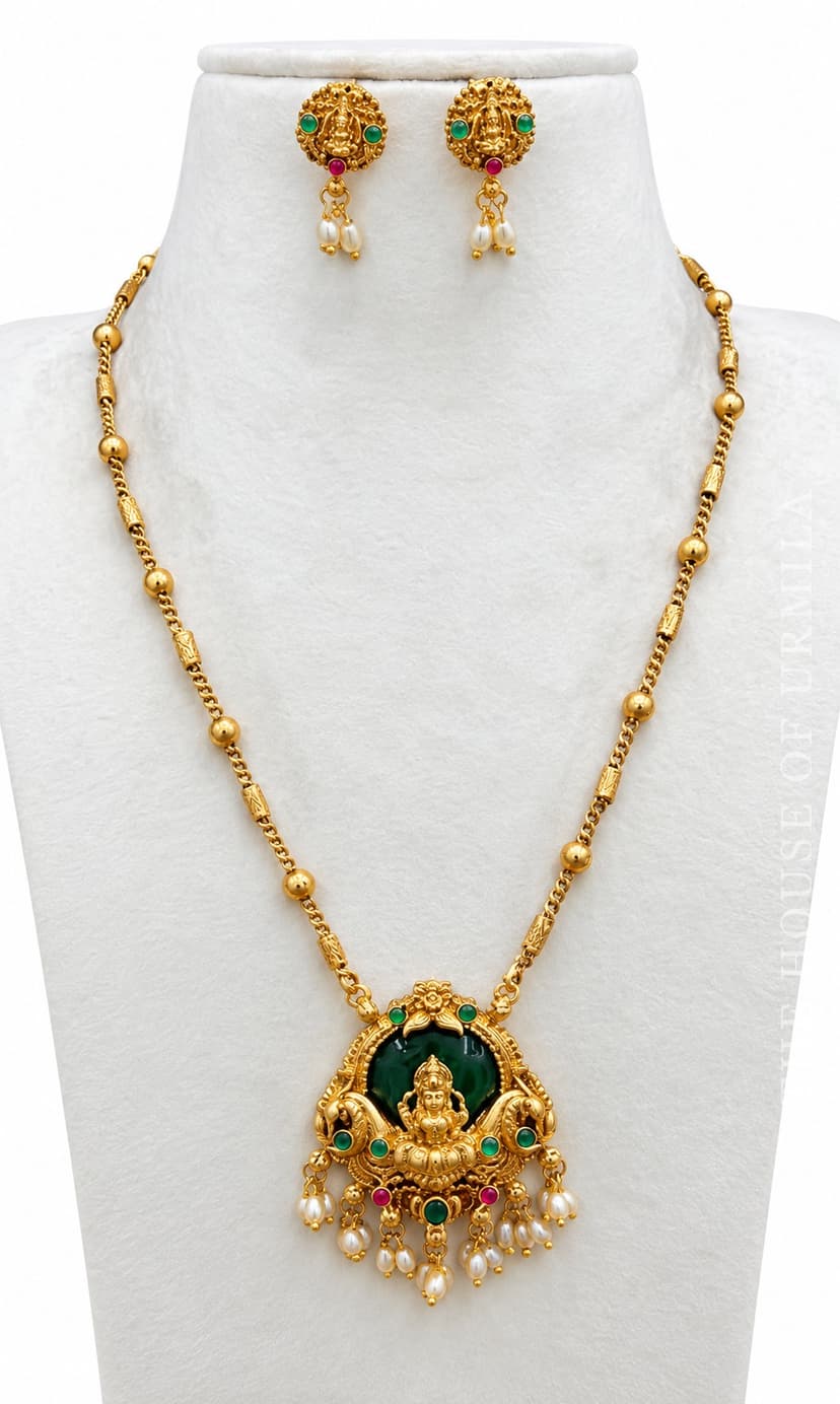 BHAVANA — Temple Jewellery Green Enamel Lakshmi Pendant Necklace Set