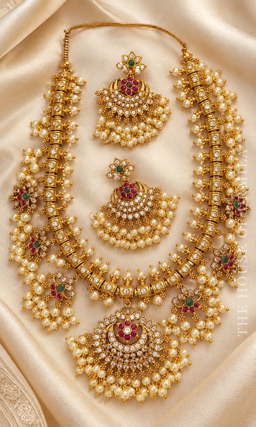 ANUSHKA — Antique Gold Pearl Haram Bridal Necklace Set
